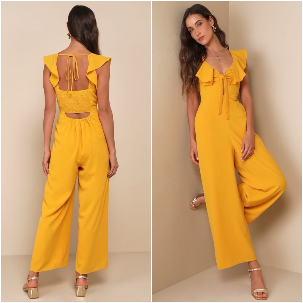 Lulus Flawless Life Wide Leg Jumpsuit Small Marigold Yellow Cut Out Ruffle Boho